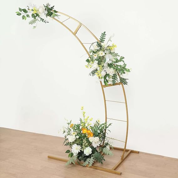 Tableclothsfactory 6.5ft Gold Metal Crescent Moon Wedding Arch Photography Backdrop Stand, Curved Design Flower Balloon Frame, Collapsible Arbor Stand with Solid Rectangular Base