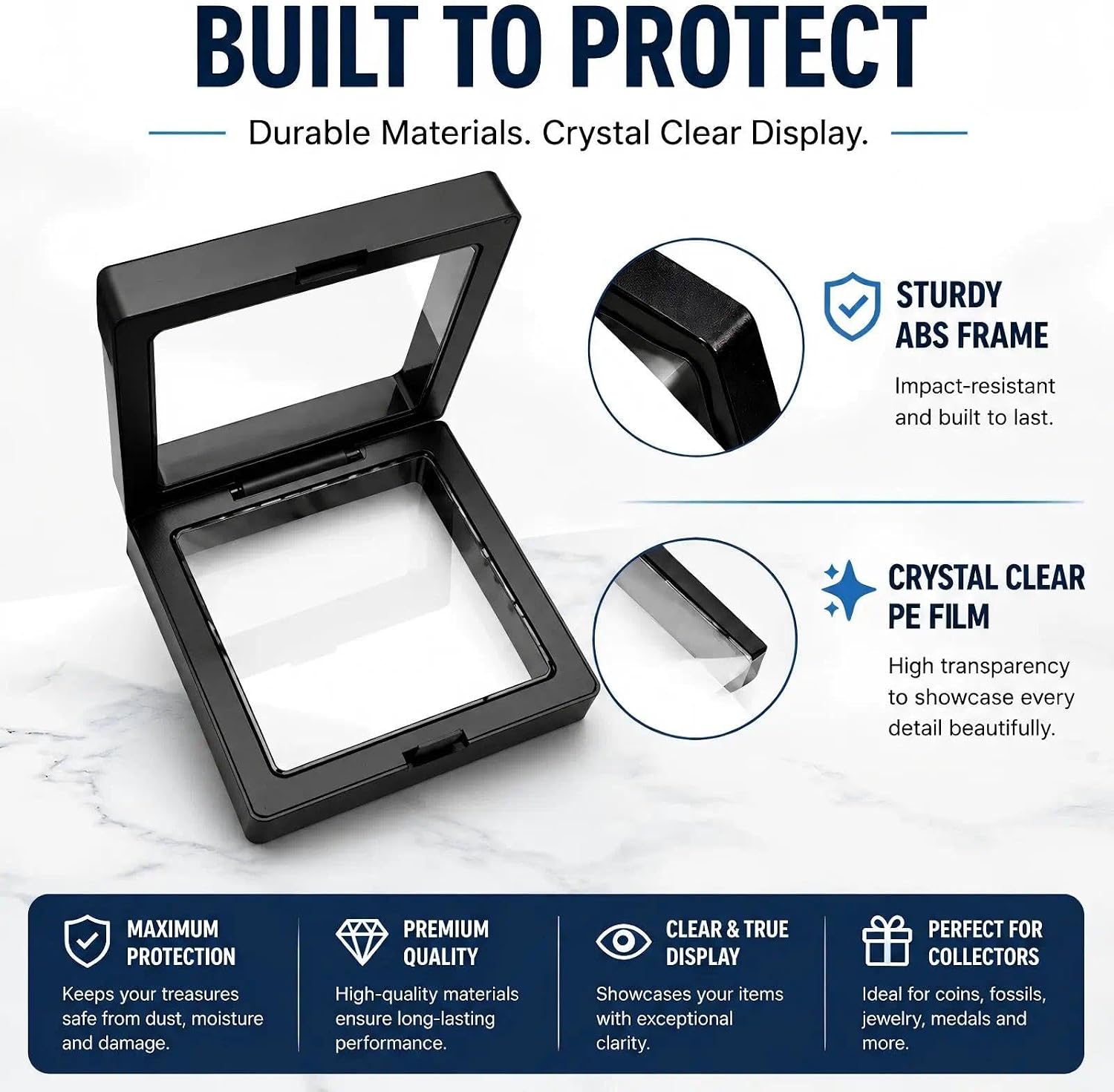 2 Pack Shark Tooth Display Case, Floating 3D Sealed Holder for Shark Teeth, Fossils & Jewelry, Dust-Proof PE Film Display Box for Collectors (2.76 x 2.76 in)