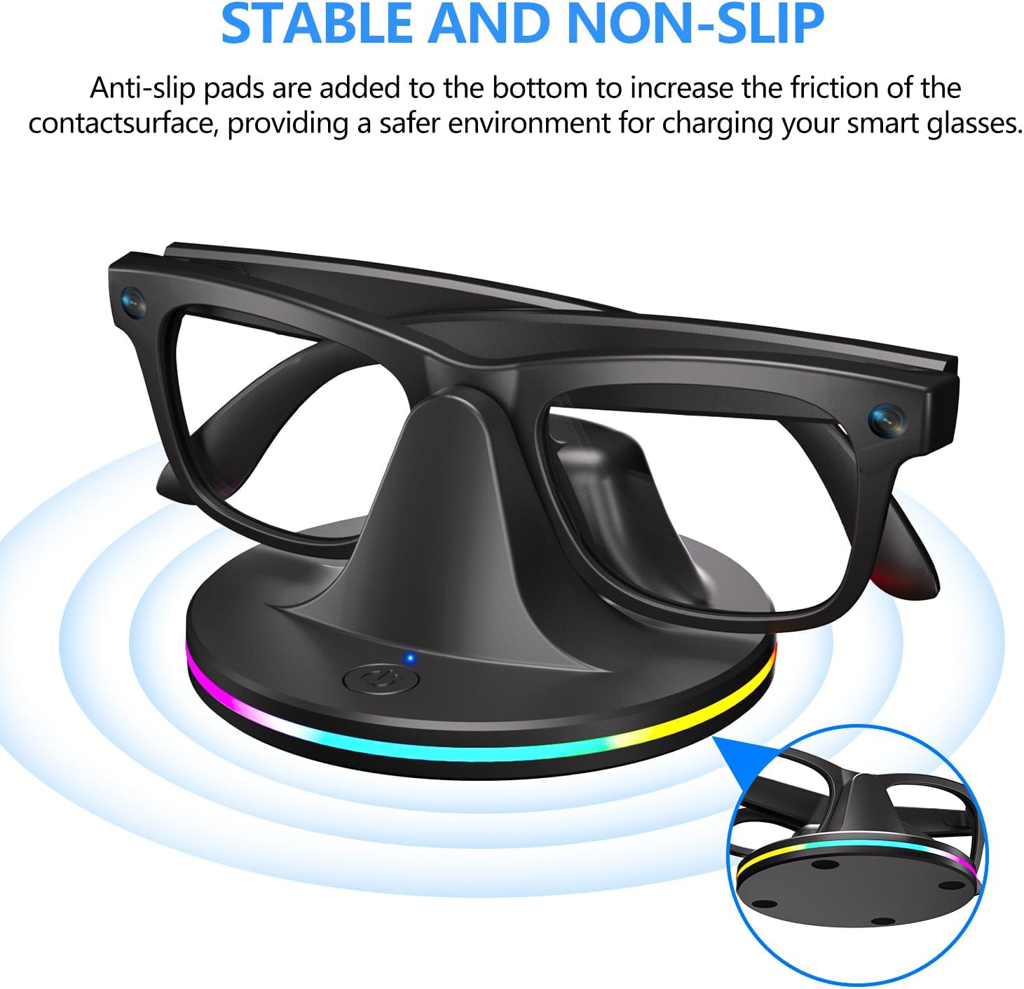 Charging Stand for Ray-Ban Meta Smart Glasses, Portable Charging Dock Station Compatible with Wayfarer, Headliner & Skyler Models, with 5 ft USB-C Cable & 7-Color RGB Lighting