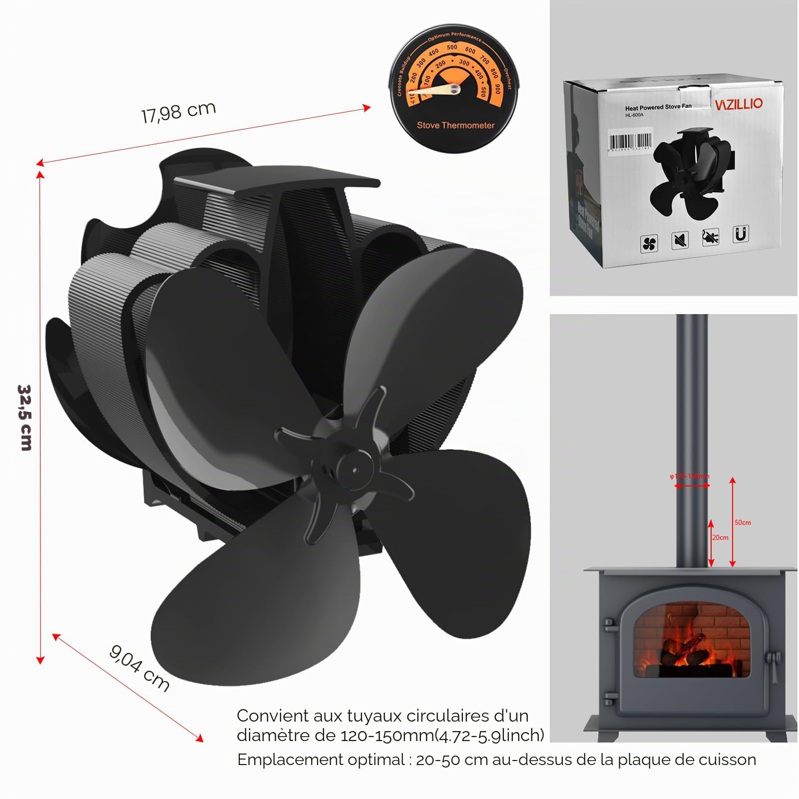 Ventilateur pour foyers, poêles à bois, cheminées, ventilateur 4 pales, fonctionne sans électricité, en forme de ramure, noir 5.00W