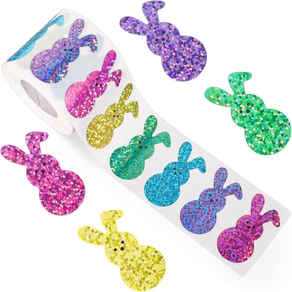 500PCS Easter Stickers Roll 8 Colors Spring Easter Bunny Stickers 1.5in Holographic Self-Adhesive Decorative Label Egg Rabbit Sticker for Envelopes Scrapbook Gift Holiday Party Decorations
