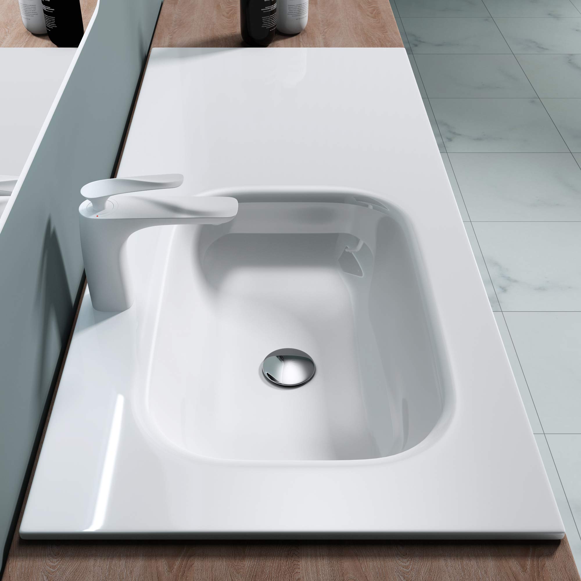 doporro Lavabo empotrado/encastrado de diseño Colossum04 de 100 cm con gran espacio de almacenamiento de mármol mineral fundido | Blanco para cuarto de baño, Colossum04