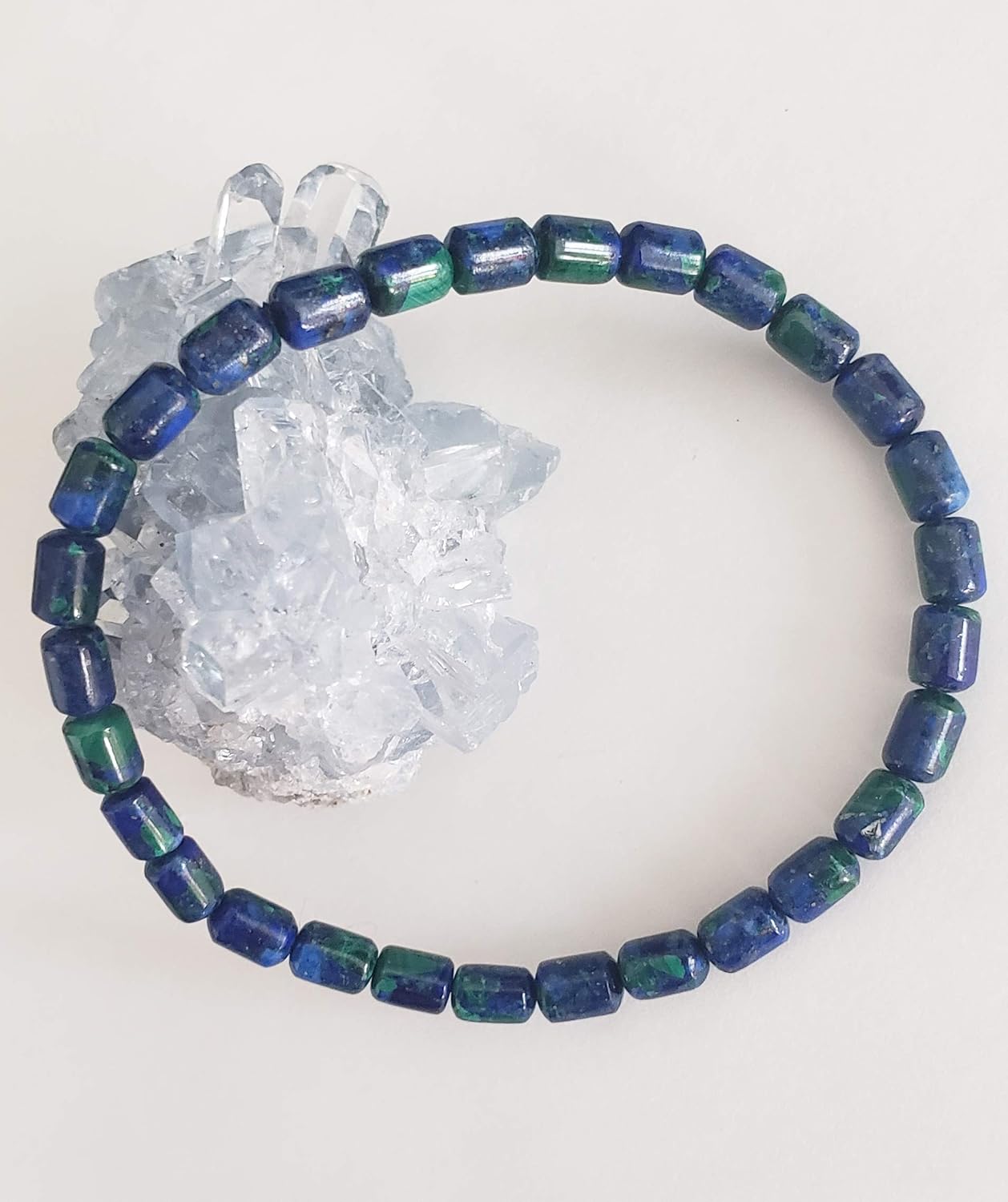 LTC Dseigns 4x6mm Tube-shaped Azurite Malachite Stretch Bracelet, 7" for Women, Men, and Friends. Wear as a Single or Stacked with other Bracelets