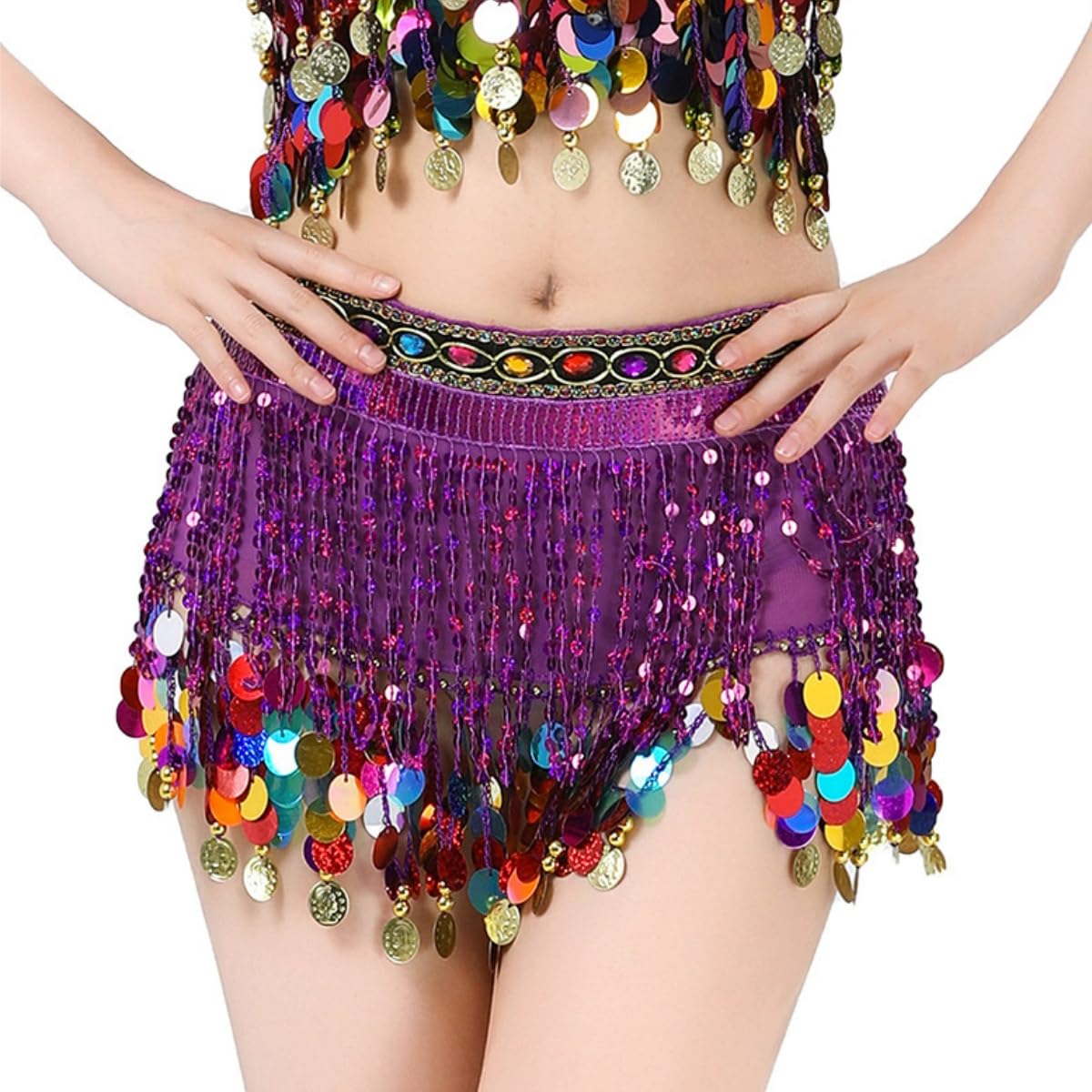 Hybursky Women's Purple Sequin Belly Dance Hip Scarf, Glitter Sequins Tassel Wrap Skirt, Sparkly Bling Fringe Tassel Latin Dance Coins Hip Belt Waist Scarf For Party Club Carnival Clubwear Rave Performance Outfits