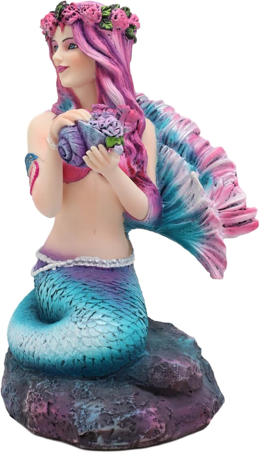 Ebros Gift Brigid Ashwood Fantasy Art Colorful Pastel Nautical Siren Mermaid Ocean Spring Flowers Holding Conch Statue 6.25" H Sea Beach Princess Mermaids Decorative Accent Resin Figurine