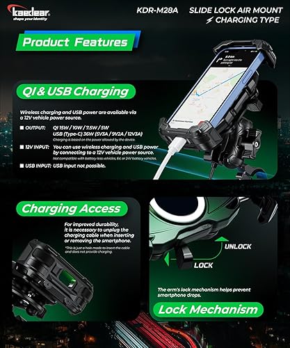 Miniatura 4 de Kaedear Soporte para teléfono inteligente para motocicleta, absorción de vibraciones, QI, carga inalámbrica, alimentado por USB, impermeable,