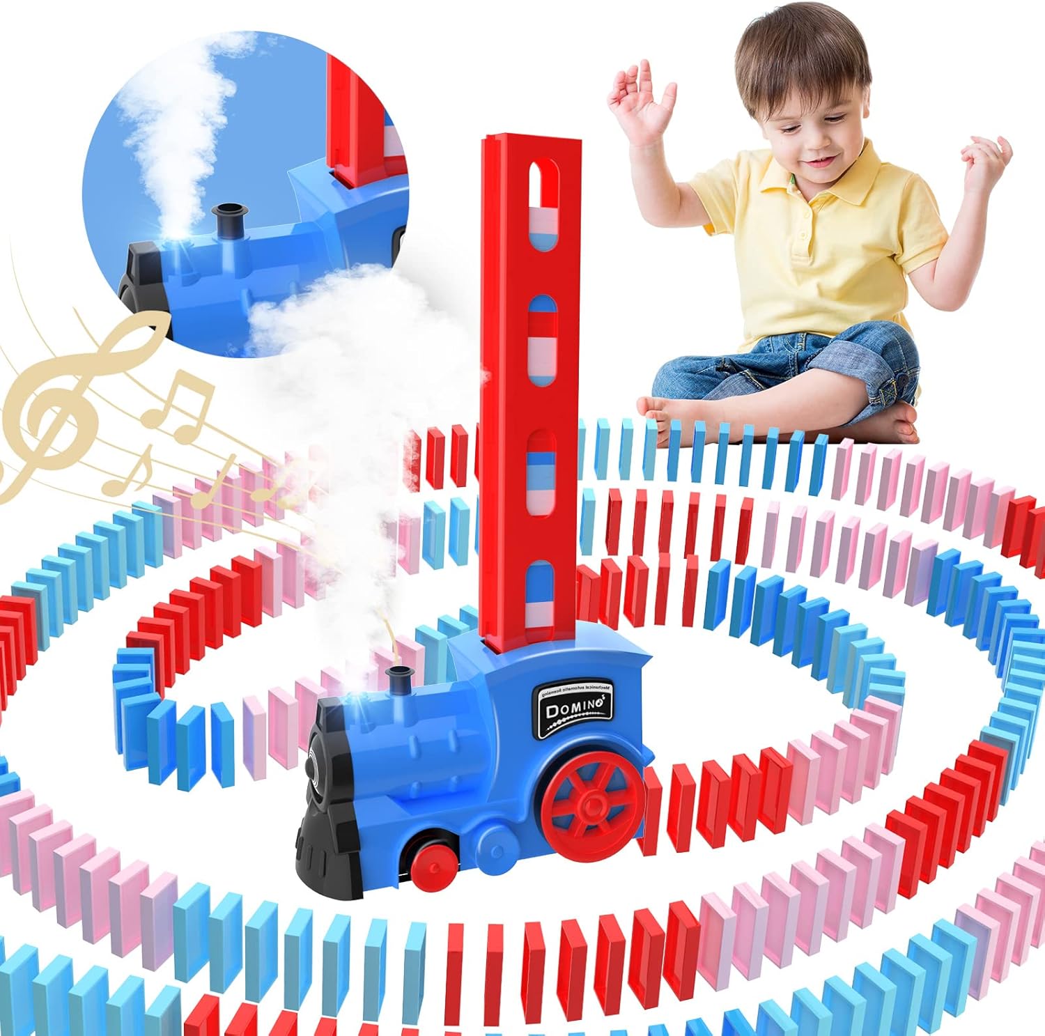 Skirfy Domino Train,200 Pcs Dominoes for Kids with Steam,Light & Sound