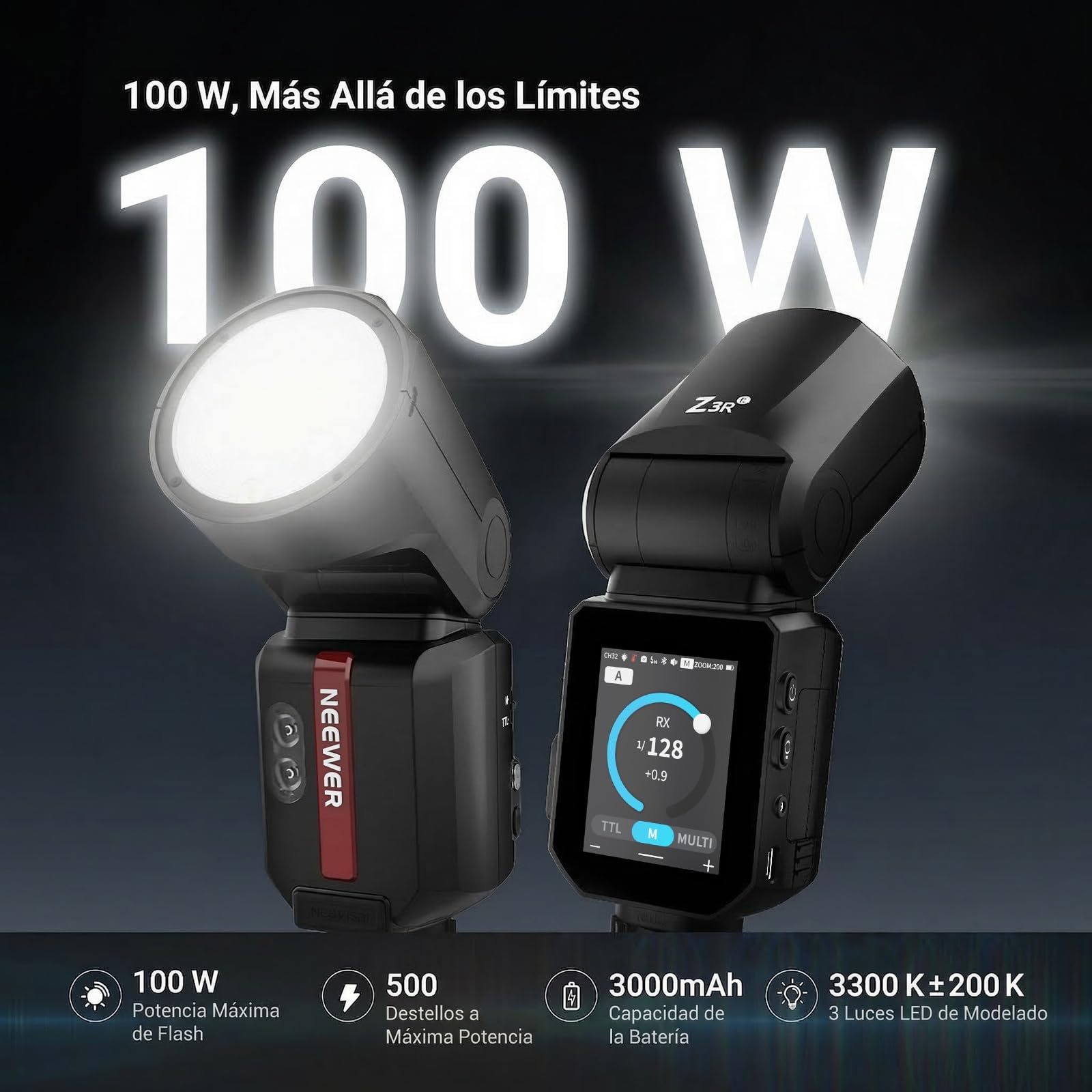 NEEWER 100Ws 2.4G TTL Flash Cabeza Redonda, Compatible con Canon Compatible con Godox, Speedlite con Pantalla Táctil 1/8000s HSS 2 Luces Modelado Conmutador TTL/M Batería 3000mAh 500 Destello, Z3R-C
