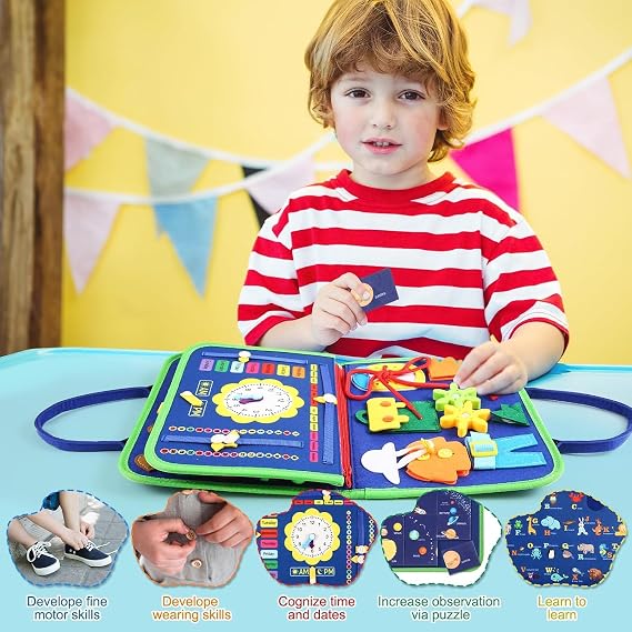 Busy Board Montessori Toy for Kids, Educational Learning Activity Sensory Board, Developing Sensory Toy for Fine Motor Skills, Travel Toy for Plane Car, Gift for Boys Girls (Blue)