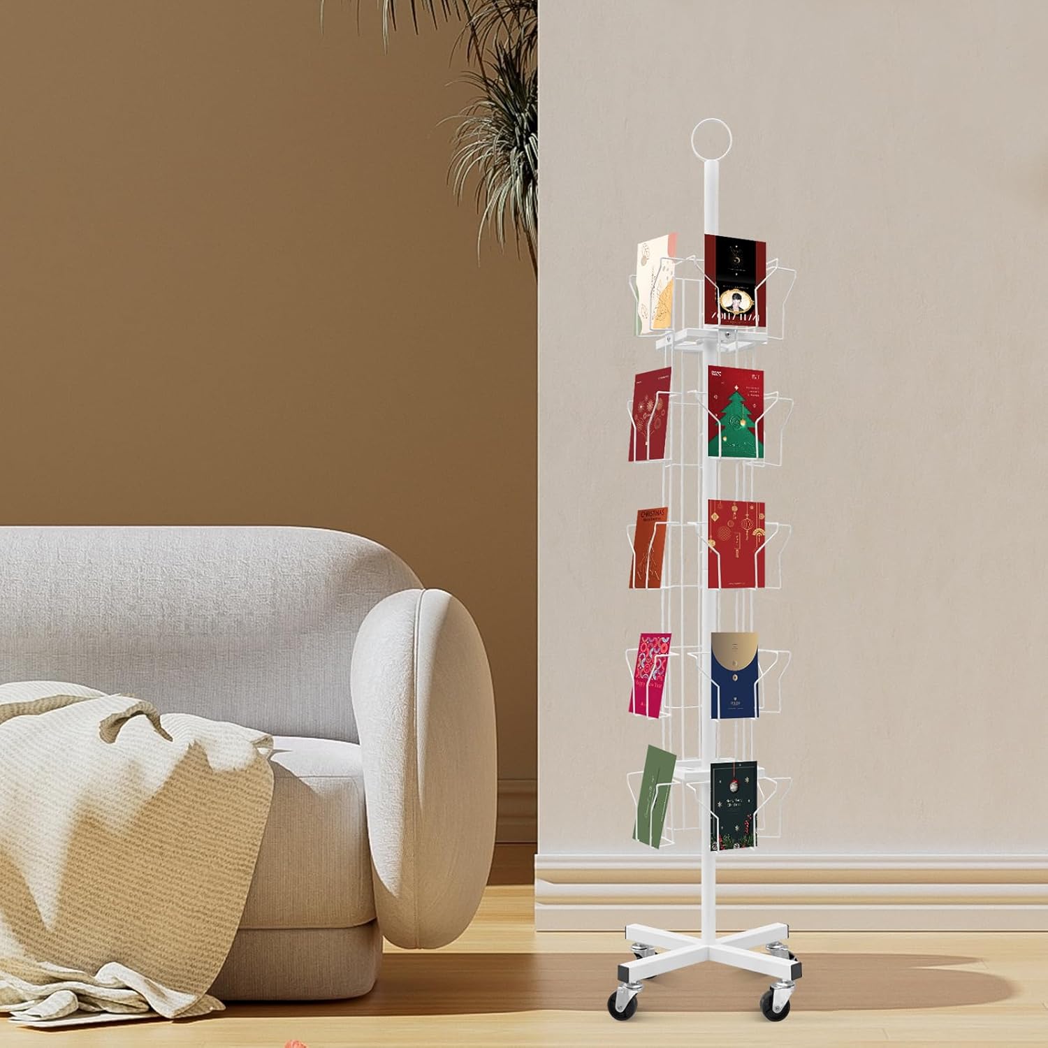 20 Pockets Greeting Card Display Stand Rotating Rack Holder, 5 Tier Pocket Rotating Holder, Display Stand Spinning with 4 Universal Wheels, for Postcard Sticker Holiday Gift Card Retail (White)