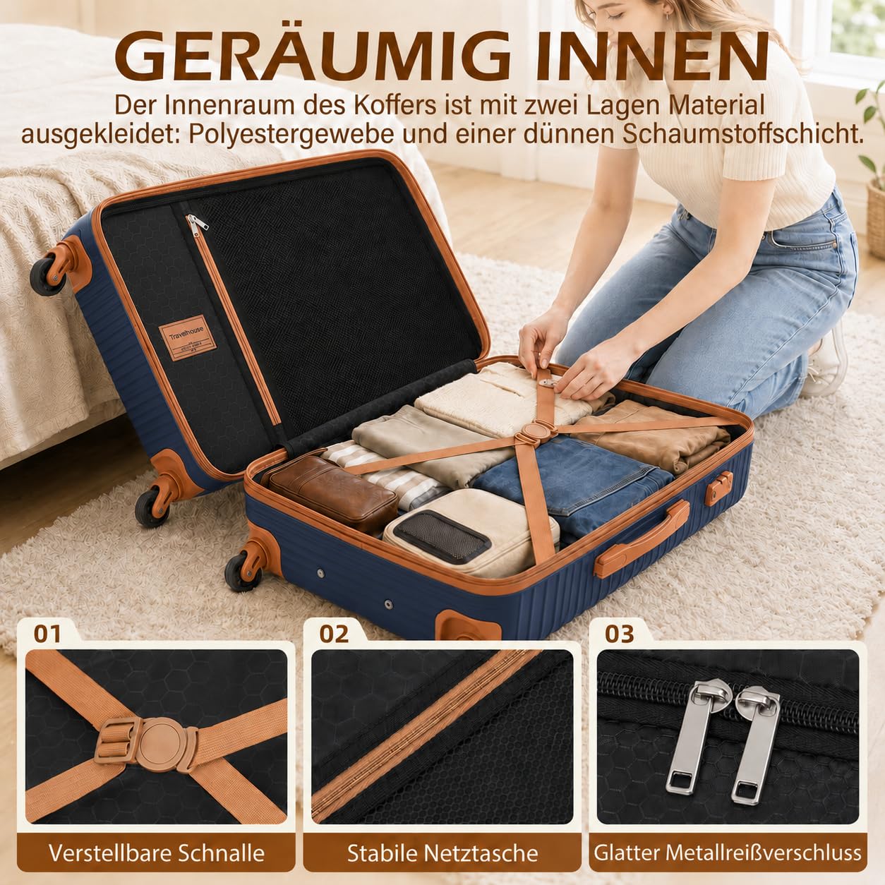 Travelhouse Bari - Set di 6 bagagli, 4 valigie con ruote, borsa da viaggio e kit WC, custodia rigida, navy / blu, Länge: 77 cm, Breite: 28.5 cm, Höhe: 51 cm, Set di valigie