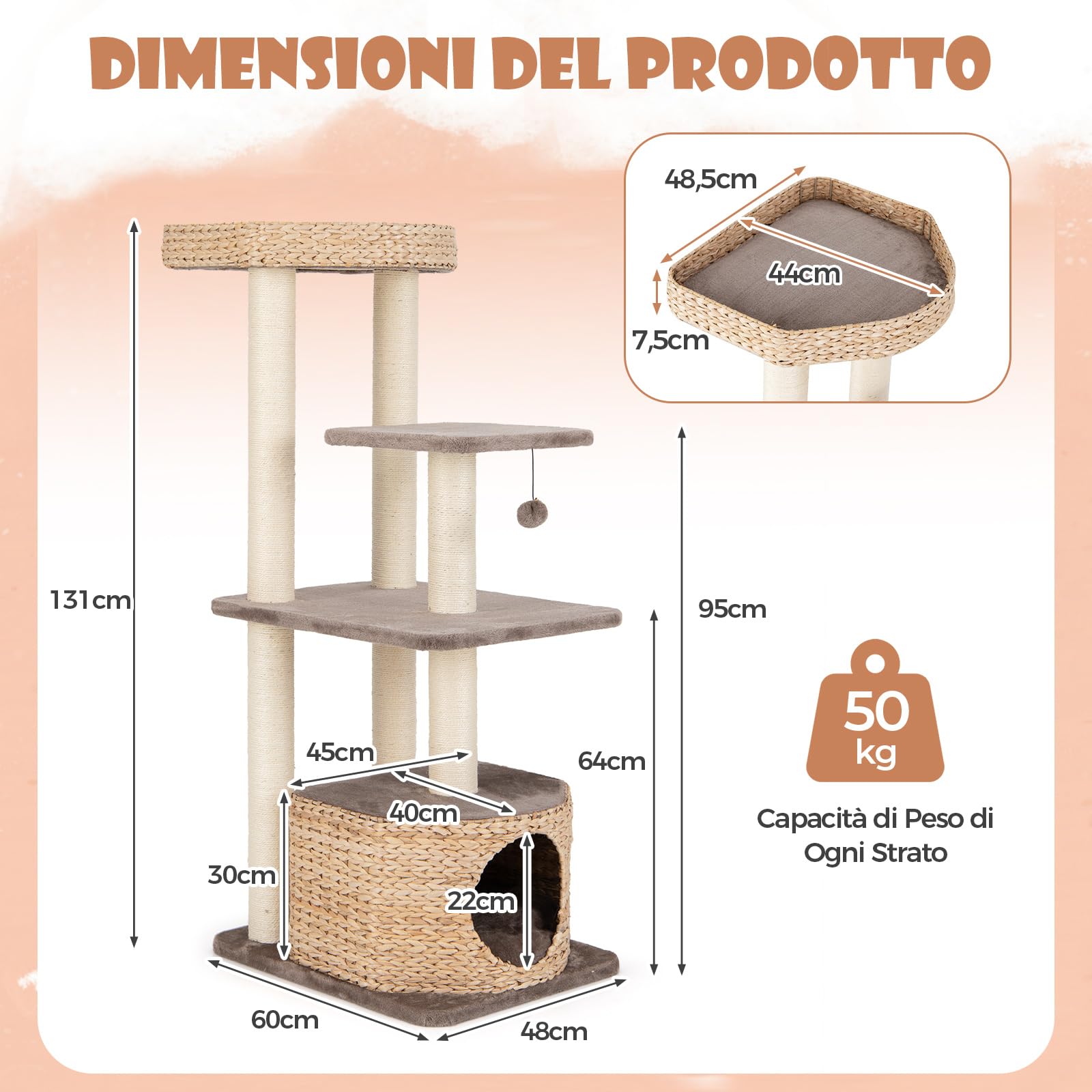 COSTWAY Tiragraffi 131cm con Sisal e Cuccia in Velluto