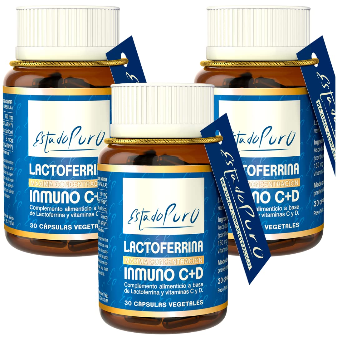 Lactoferrina Inmuno C+D Estado Puro, 30 Cápsulas, Pack de 3 | Lactoferrina con Vitaminas C y D, Fórmula Inmunitaria, Alta Concentración, Microbiota y Apoyo a las Defensas