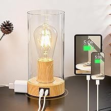 Bedside Table lamp for Bedroom -Touch Lamp with USB-A+C Charging Ports &amp; AC Outlet. Nightstand Lamp with Wood Base Glass. Stepless Dimming Small Lamp for Bedroom, Dorm, Office, Kids Room, Living Room