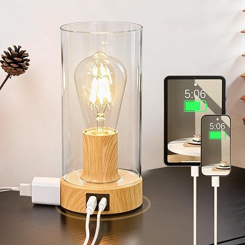 Bedside Table lamp for Bedroom -Touch Lamp with USB-A+C Charging Ports & AC Outlet. Nightstand Lamp with Wood Base Glass. Stepless Dimming Small Lamp for Bedroom, Dorm, Office, Kids Room, Living Room
