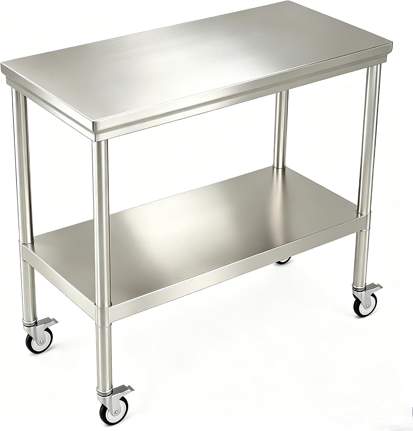 32x20In Heavy Duty Stainless Steel Work Table with Lockable Wheels | 900 lbs capacity, no-tool assembly & 2nd shelf. Lockable wheels for kitchen, restaurant, garage & home.