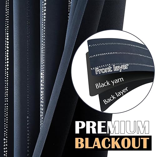 Miniatura 6 de jinchan-Cortinas blackout bohemias de 96 pulg de largo para dormitorio, patrón a rayas laminadas plateadas sobre azul marino, con trabillas