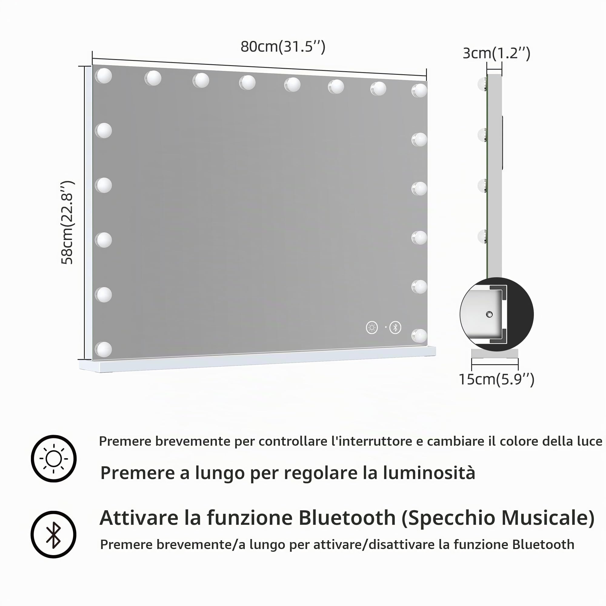 Hansong Hollywood - Specchio da 80 x 60 cm, con illuminazione e Bluetooth, 18 luci LED, 3 modalità a colori, specchio dimmerabile