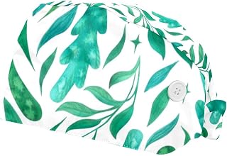 Green Leaves 2 Pcs Unisex Working Cap with Button Sweatband Adjustable Tie Back Bouffant Hats