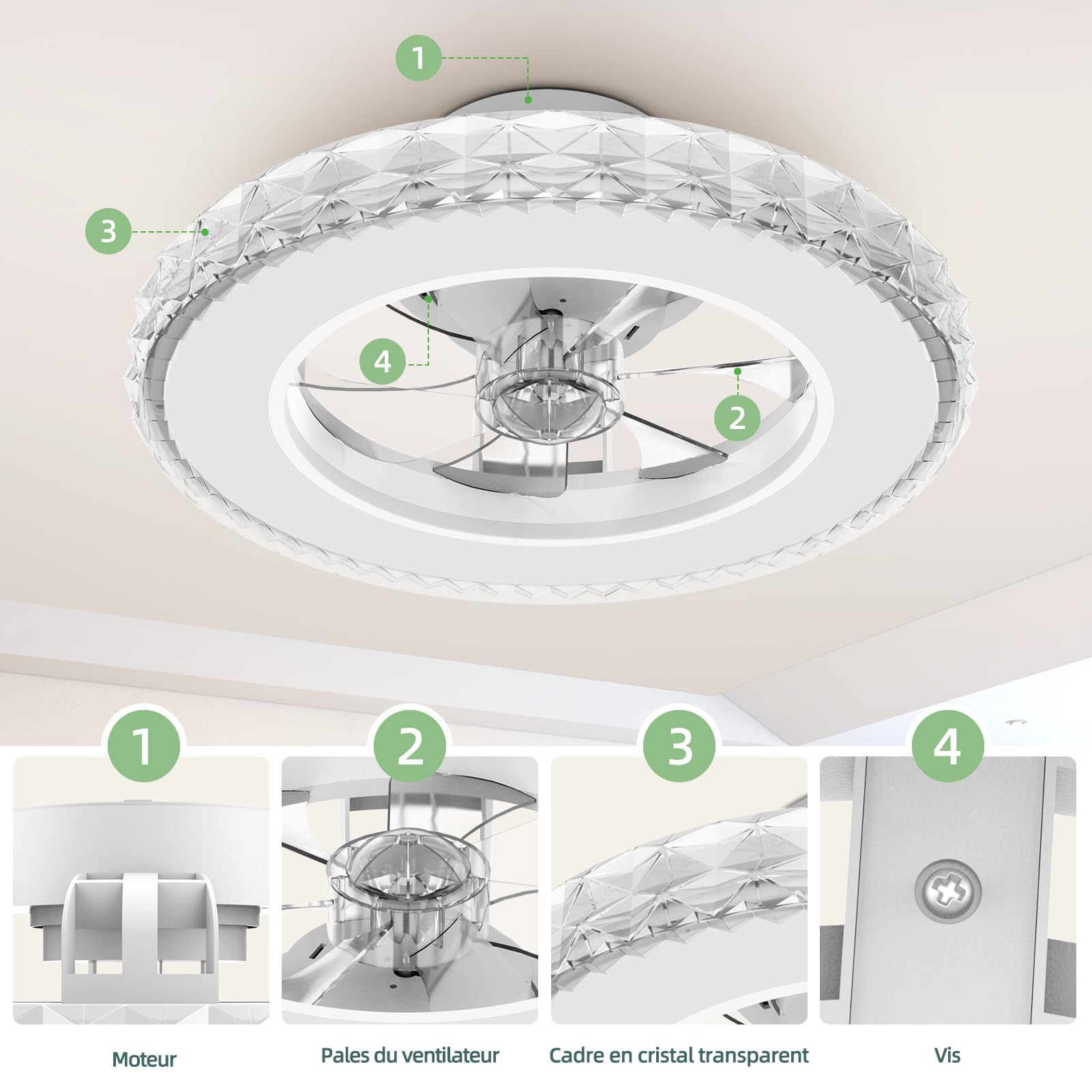 Ateroll Cristal Ventilateur Plafond avec Lumiere Ø43.5 cm, 3000K-4000K-6500K+RGB, 6 Vitesses de Ventilation Réglables avec Télécommande, Minuterie, Mémoire de Lumière, Ventilateur Réversible