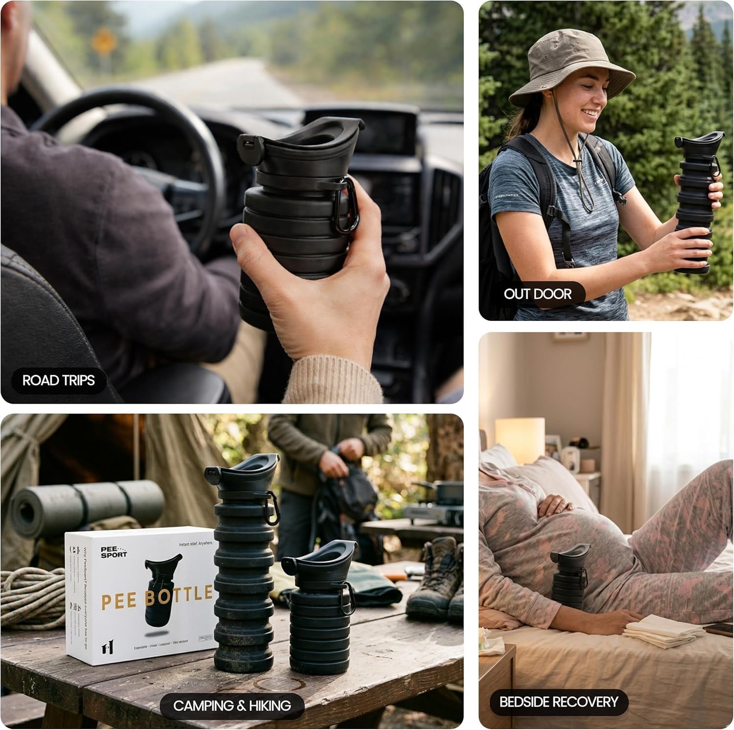 PeeSport - Orinario portátil para hombres y mujeres, silicona plegable de 34 onzas (1000 ml), botella de orina reutilizable y a prueba de fugas – unisex para viajes, camping, mesita de noche y orinal