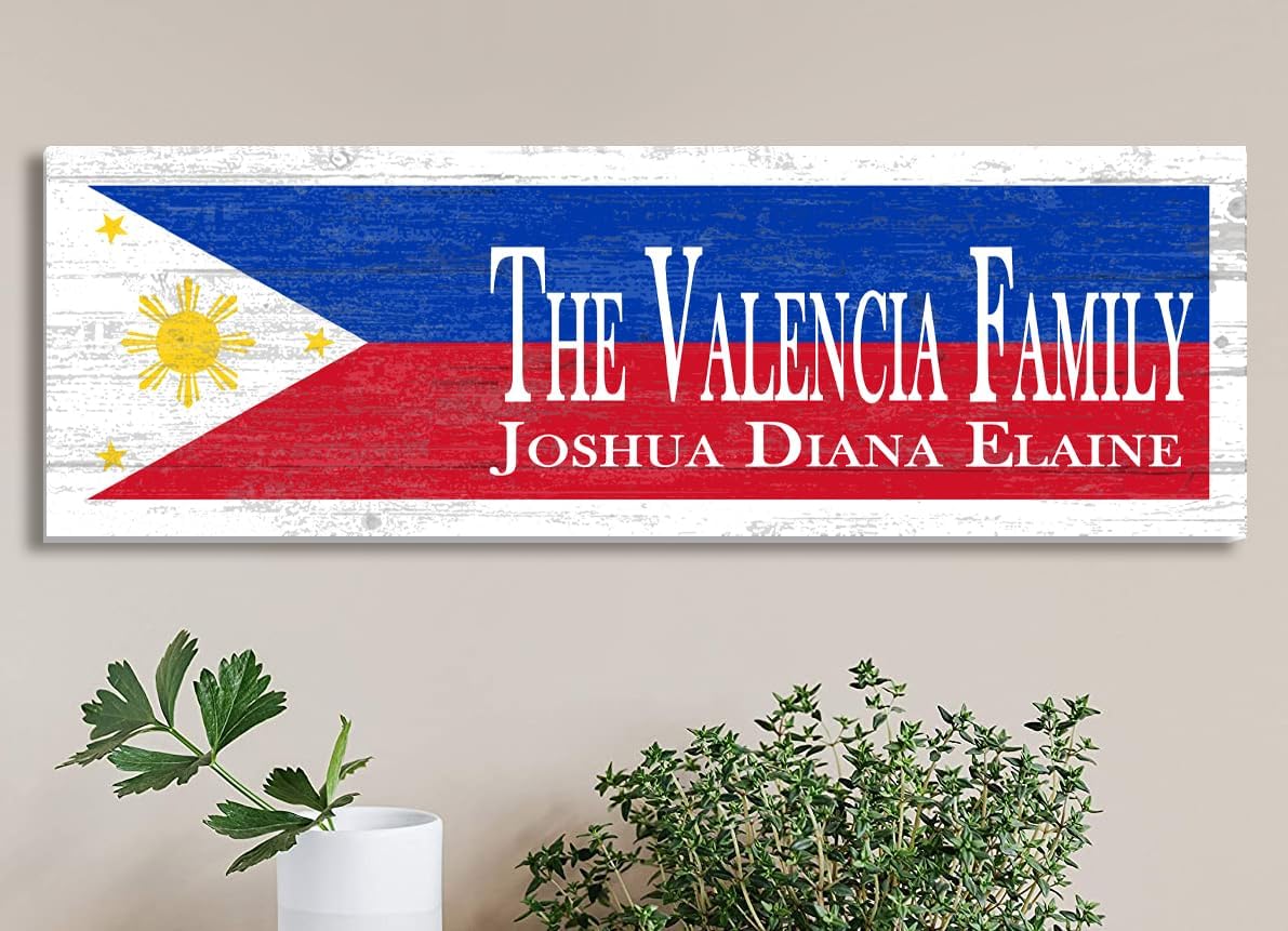 Custom Philippines Flag Sign Personalized Name - Solid Wood - 16.in x 5.5in - For Filipino Family Home, Man Cave, or Wedding Gift