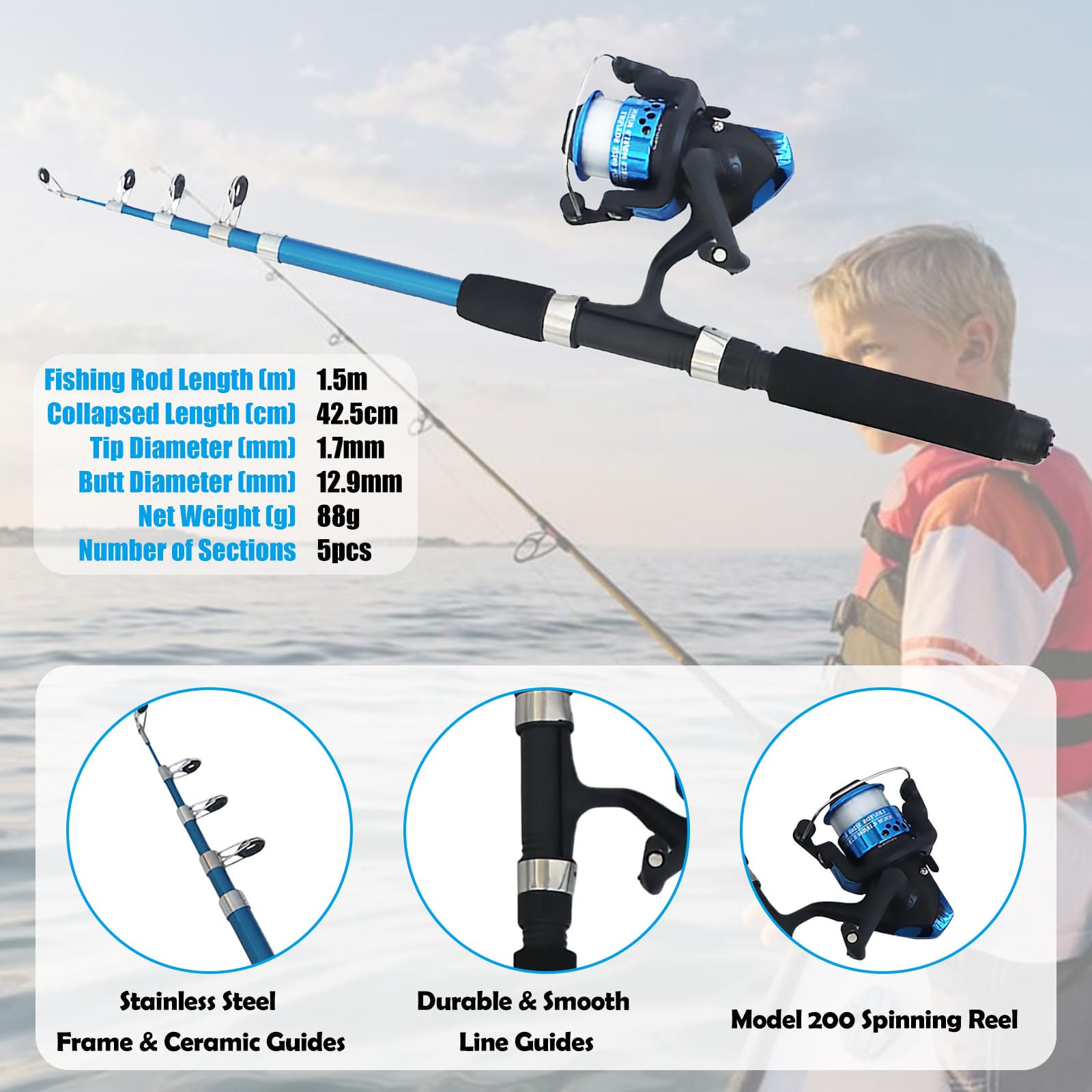 Kit De Pêche pour Enfants, 1.5 M Kit De Canne À Pêche pour Enfant, Canne À Pêche Télescopique, Ensemble Canne À Pêches Et Moulinet Equipement De Pêche, Kit Peche pour Garçons, Filles, Tout-Petits
