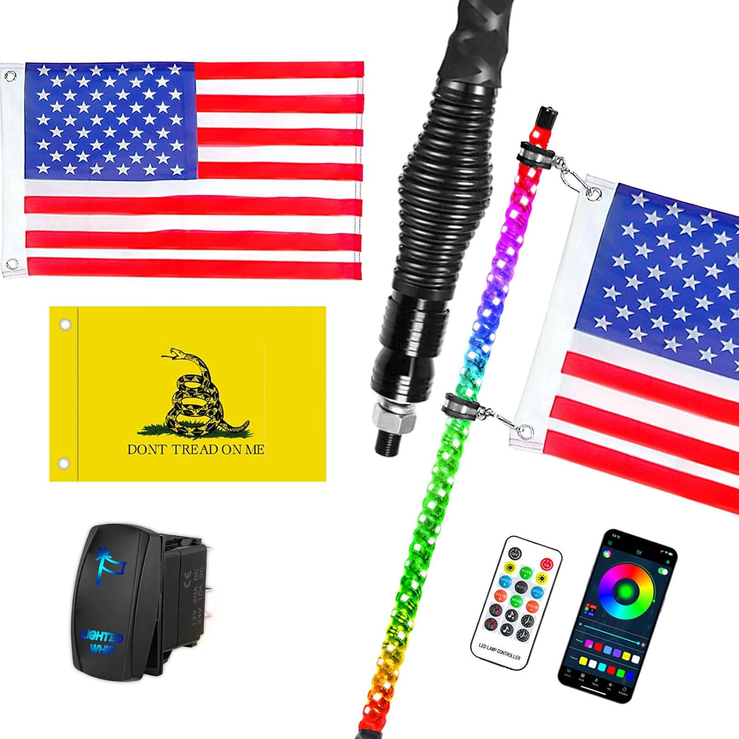 2PCS 3FT Whip Lights with Spring Base, Whip Lights for Side by Side with App & Remote Control, Spiral RGB Chasing Lighted Antenna Whips, Music LED Whip Light for ATV UTV RZR SXS Can-Am