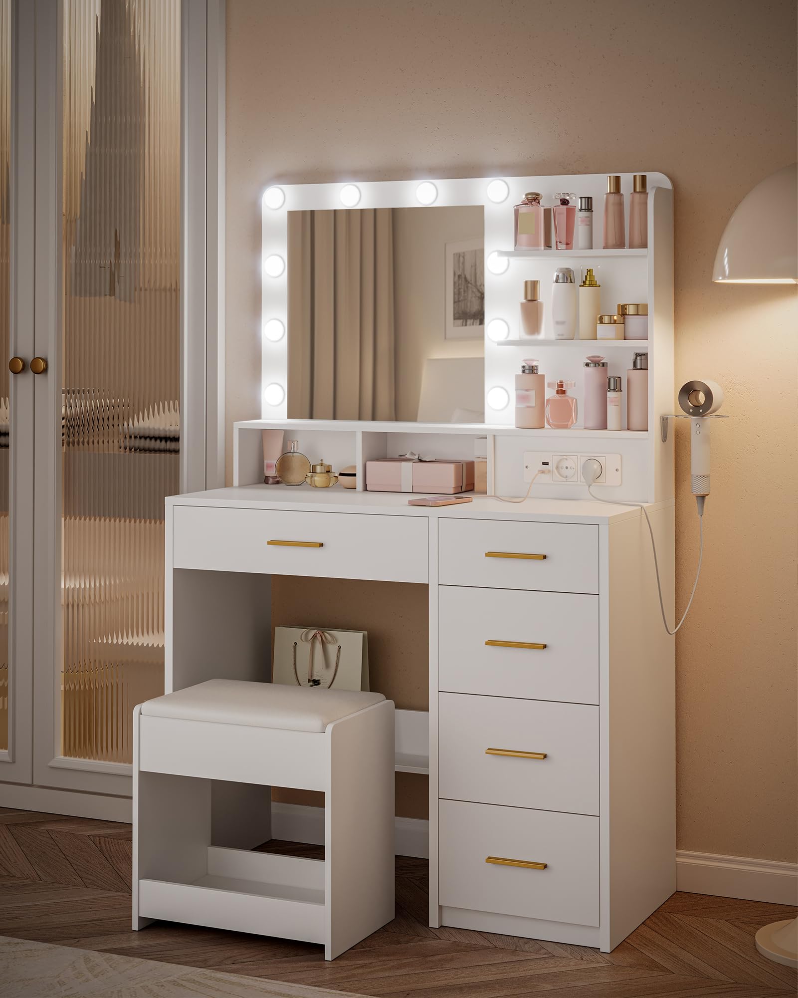 Hzuaneri Coiffeuse avec 10 Globes Lumineux LED, 3 Couleurs, Coiffeuse avec Prise Et Grand Miroir, Tabouret Et Support pour Sèche-Cheveux, Tiroirs Multiples, Blanc DT39003X