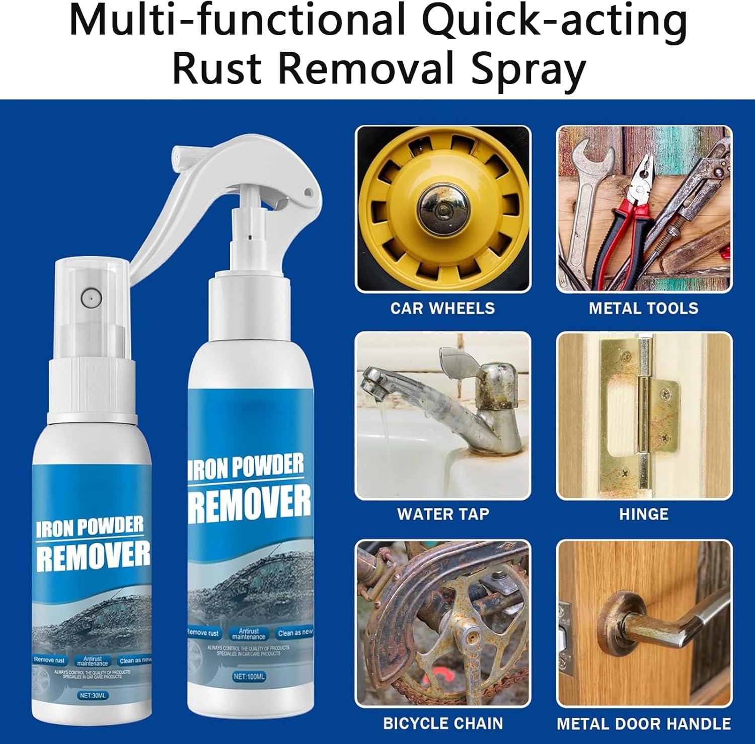 Multi-functional Quick-acting Rust Removal Spray, 30ML & 100ML Car Rust Removal Spray, Iron Power Remover for Metal, Car, Bikes, Tools, Furniture (100ml*3)