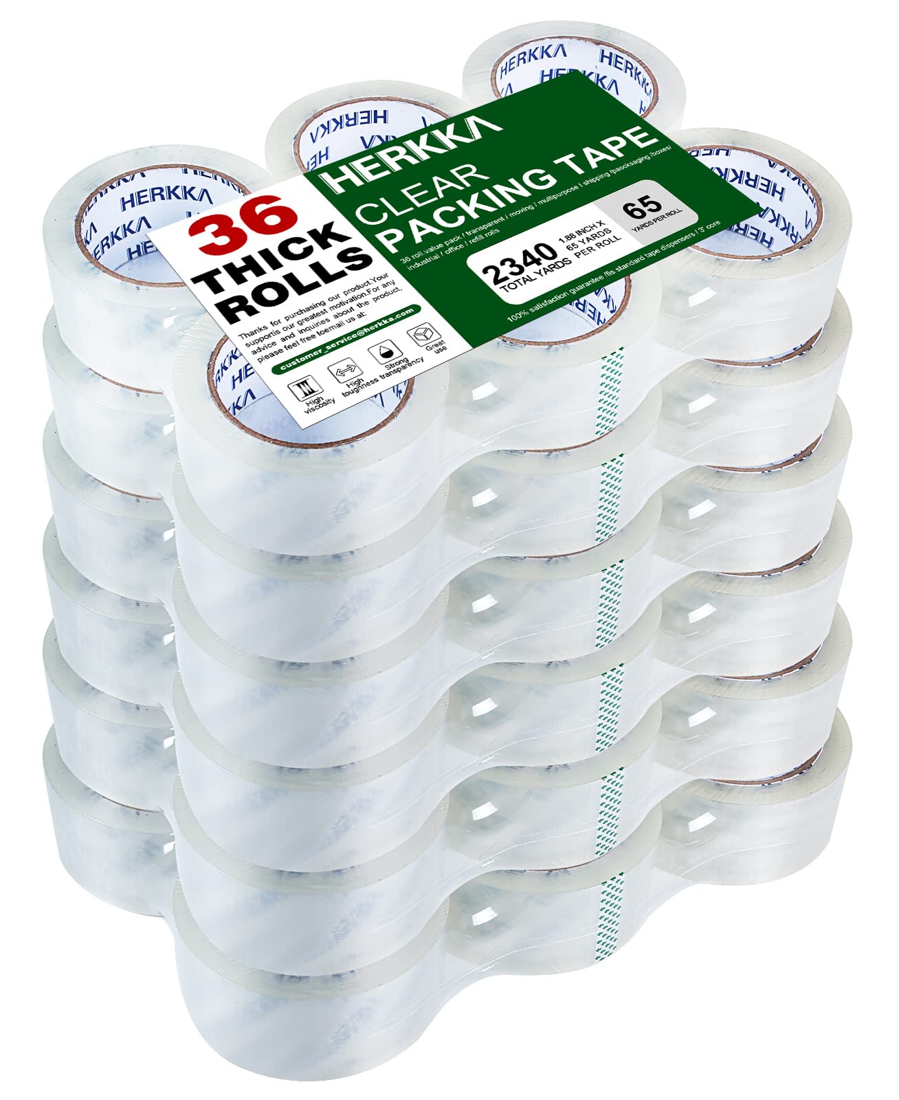 Clear Packing Tape, HERKKA 36 Rolls Heavy Duty Packaging Tape for Shipping Packaging Moving Sealing, Thicker Clear Packing Tape, 1.88 inches Wide, 65 Yards Per Roll, 2340 Total Yards