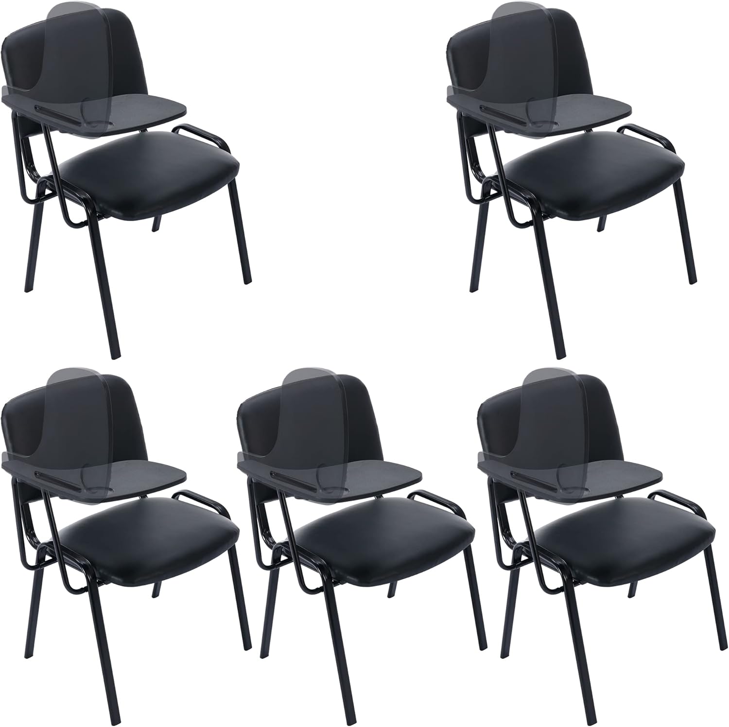 Vinyl Leather Reception Chairs with Desk Attached, Black Stackable Waiting Room Chairs, Black Classroom Chair for Student/Office/Conference Room/Meeting/Church, 5-Packs