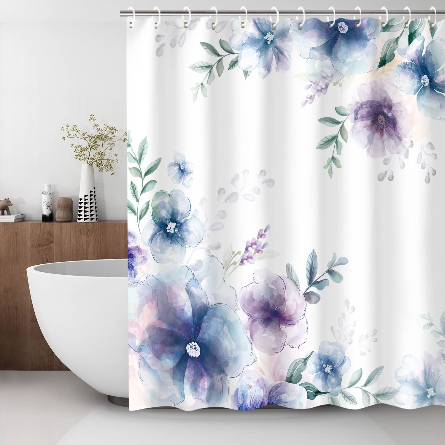 Duschvorhang Mit Aquarell-Blumen – Wasserdicht, 183x183 Cm, Inkl. 12 Haken