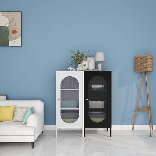 Miniatura 7 de WISUNO Armario de almacenamiento de metal para sala de estar, dormitorio, hogar, oficina, cocina, 3 niveles, puerta de cristal, estantes extraíbles