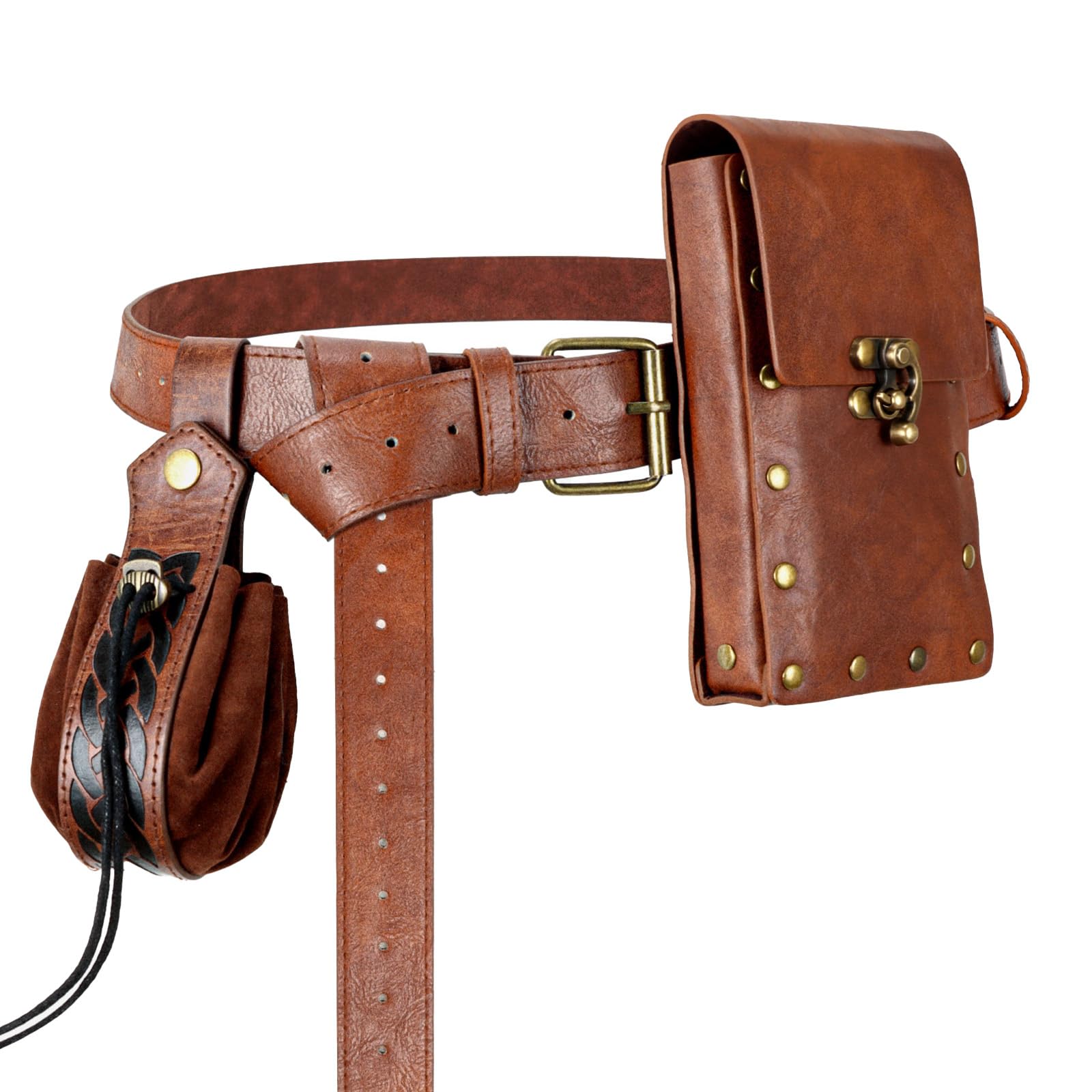 Sac en cuir médiéval de haute qualité marron avec double pochette et porte-potion - 6