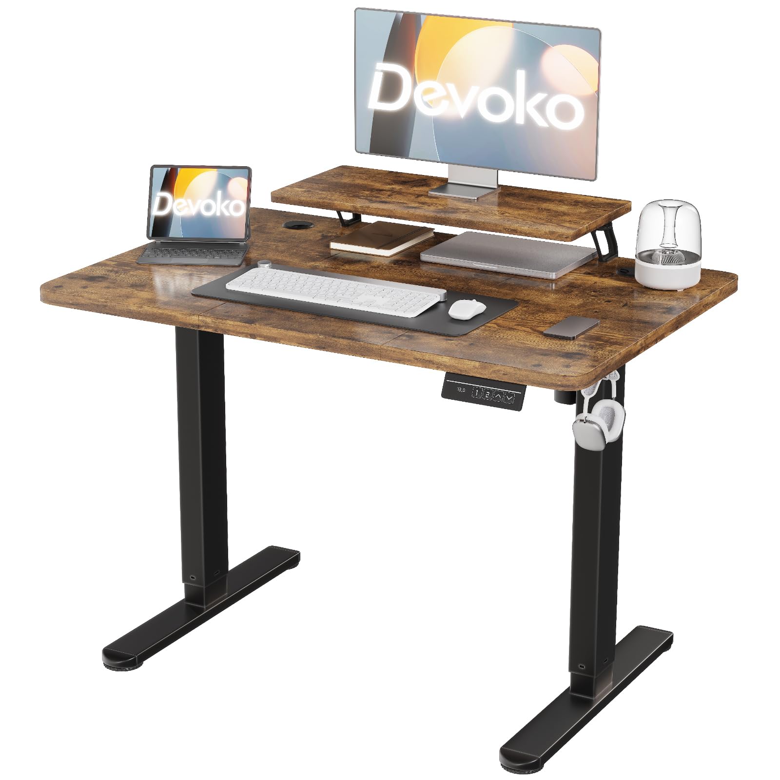 Devoko 120×60cm Escritorio Eléctrico de Altura Ajustable, con Soporte de Monitor, Escritorio de Ordenador, con 2 Funciones de Memoria de Altura, para Dormitorio, Estudio, Oficina