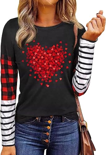 Love Heart Graphic Splicing Long Sleeve Women Fun Print Color Block Shirt Stripe Raglans Tee Tops