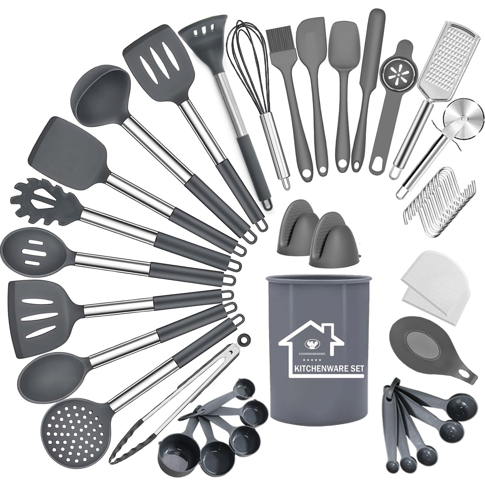 UXIYI Kitchen Utensils Set, Silicone Cooking Utensil Set, Spatula Spoon Turner, Non Stick & Heat Resistant Kitchen Tools with Stainless Steel Handle, 44Pcs, Grey