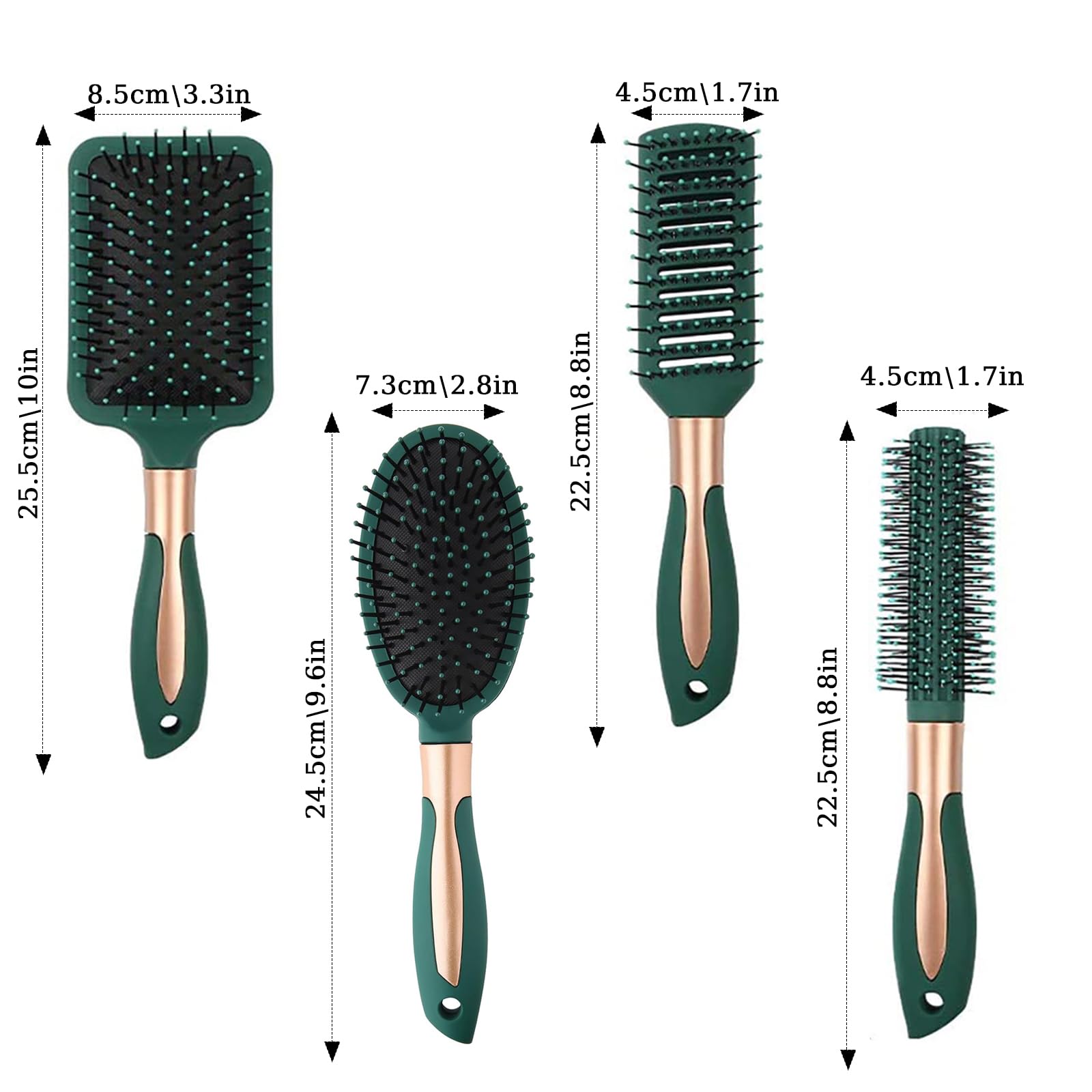 Hair Brush Set ,DDUP 4 PACK Anti Static Massage Oval Comb Round Vent Hair Brush,Detangling Brush ,Paddle Brush for Women Men (Green) - Image 2