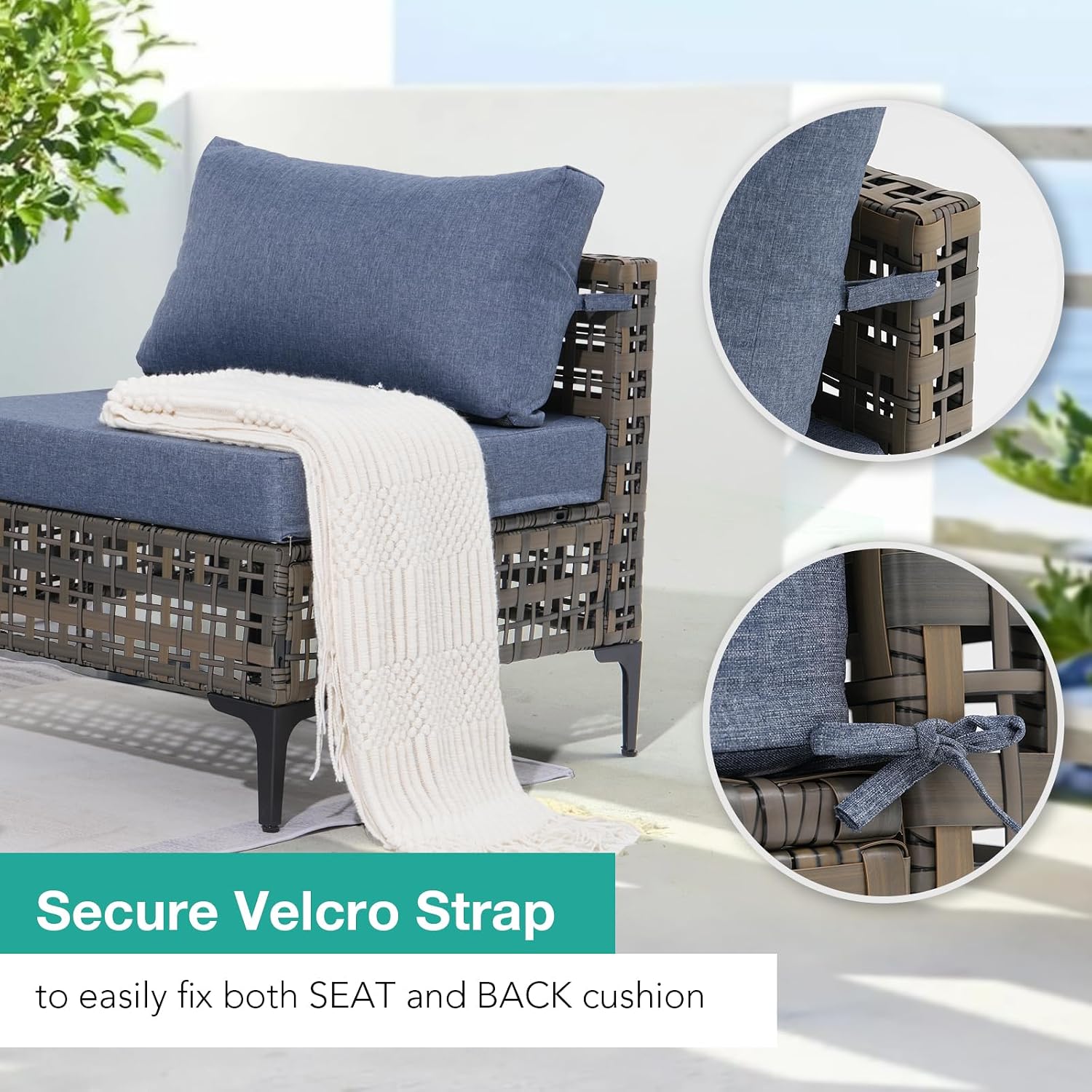 Patiorama 7 Piece Wicker Patio Furniture Set, Metal-Colored PE Rattan Outdoor Sofa Set Patio Sectional with Water Resistant Cushion and Coffee Table, Outdoor Couch, Porch, Backyard-Denim Blue