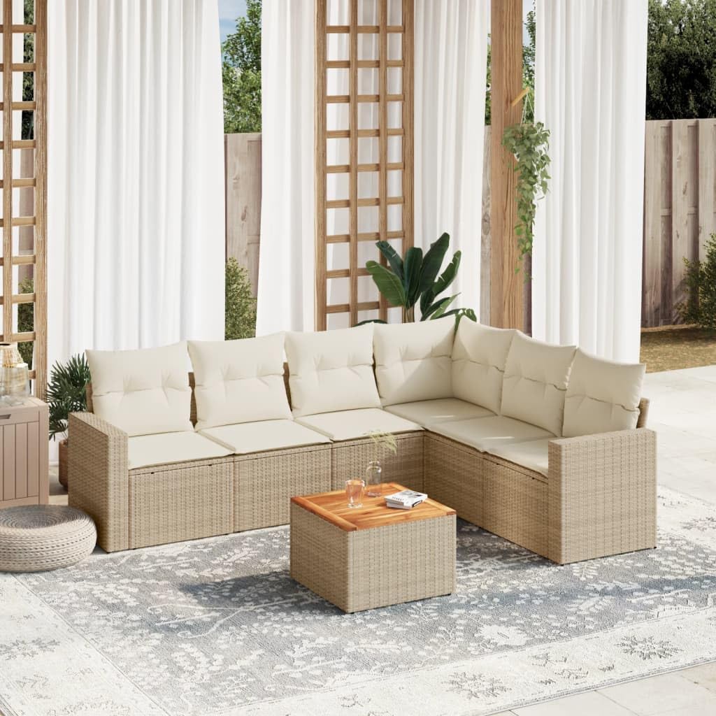 Set divani da giardino con 7 pezzi in polyrattan beige patio terrazza veranda esterno arredo lounge modulare con cuscini sfoderabili e resistente alle intemperie
