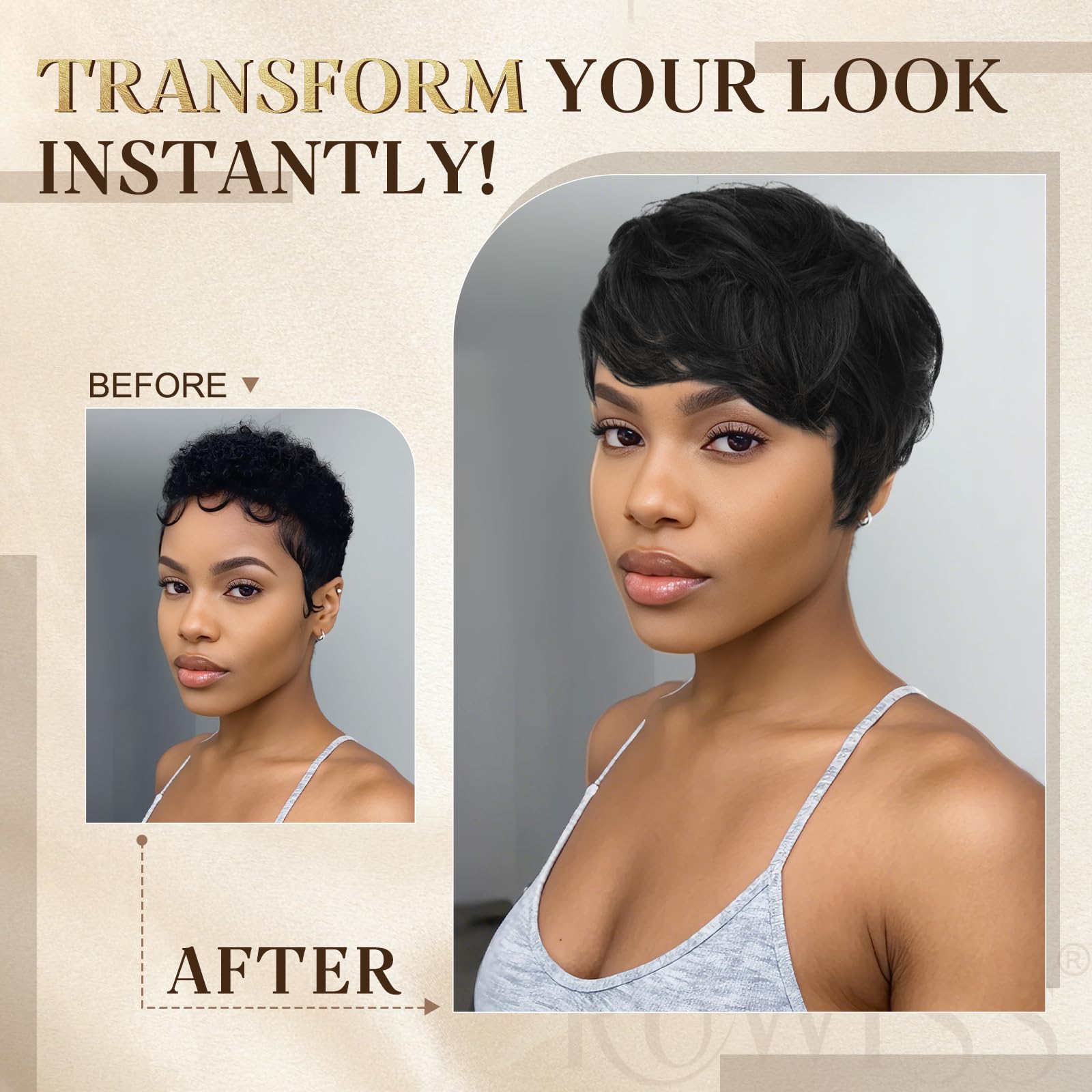 RUWISS Pixie Cut Human Hair Wig for Black Women with Bangs Natural Look Hair Wig Short Natural Layered Wavy Wig Glueless Pixie Wig (1B#) - Image 4