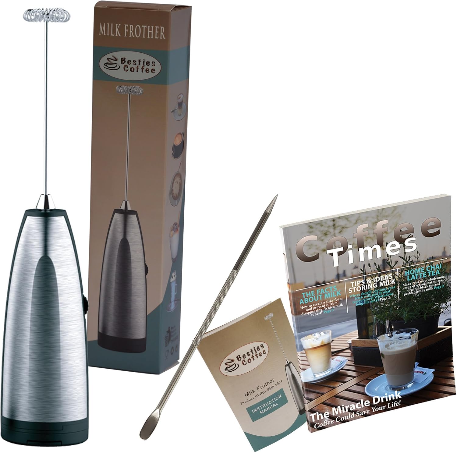 Besties Handheld Milk Frother Stainless Steel Battery