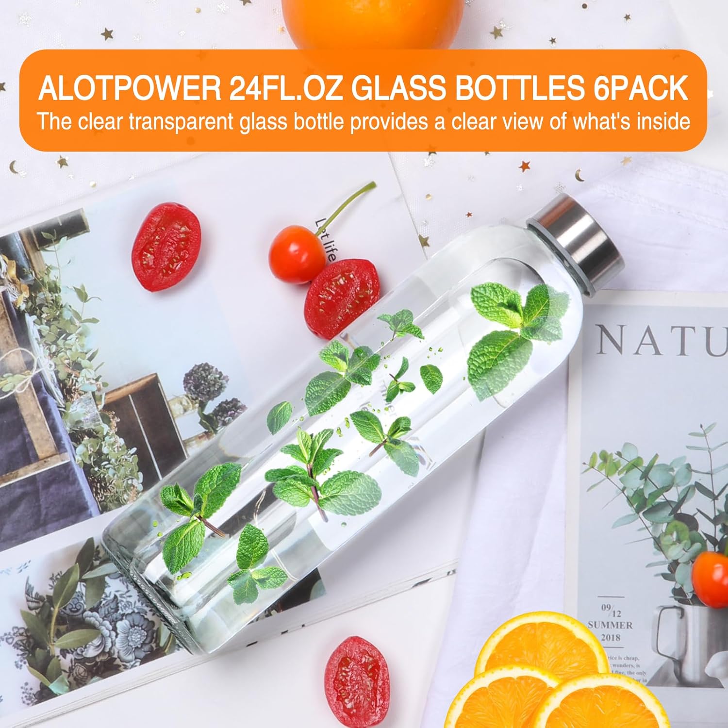 Alotpower Juicing Bottles Reusable Glass 24oz 6Pack, Empty Glass Bottles for Juicing, Milk, Smoothie, Beverage (24fl.oz/720ml, Set of 6)