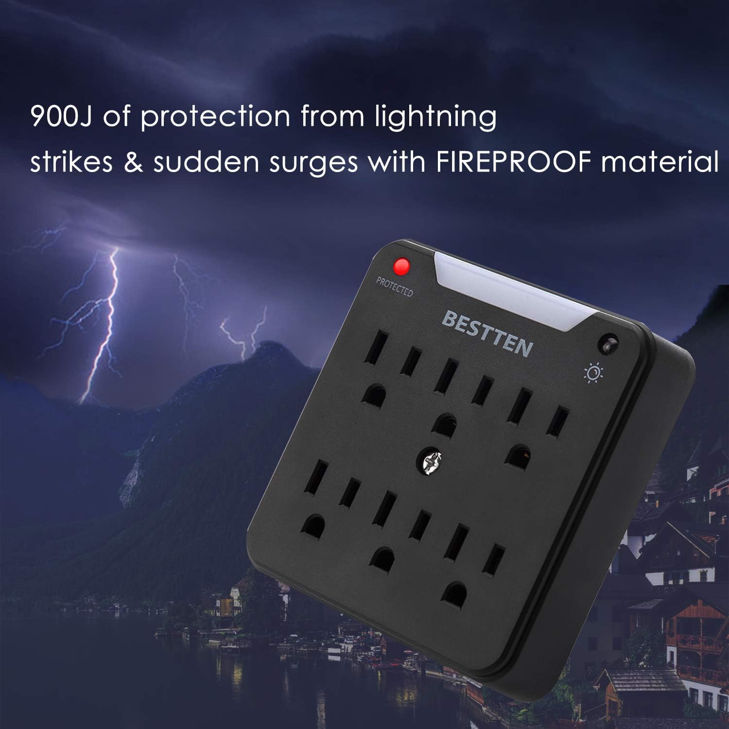 [2 Pack] BESTTEN 900-Joule Wall Outlet Surge Protector with LED Night Light, 6-Outlet Adapter, Dusk to Dawn Photocell Sensor, ETL Listed, Not for Split Receptacle Outlet