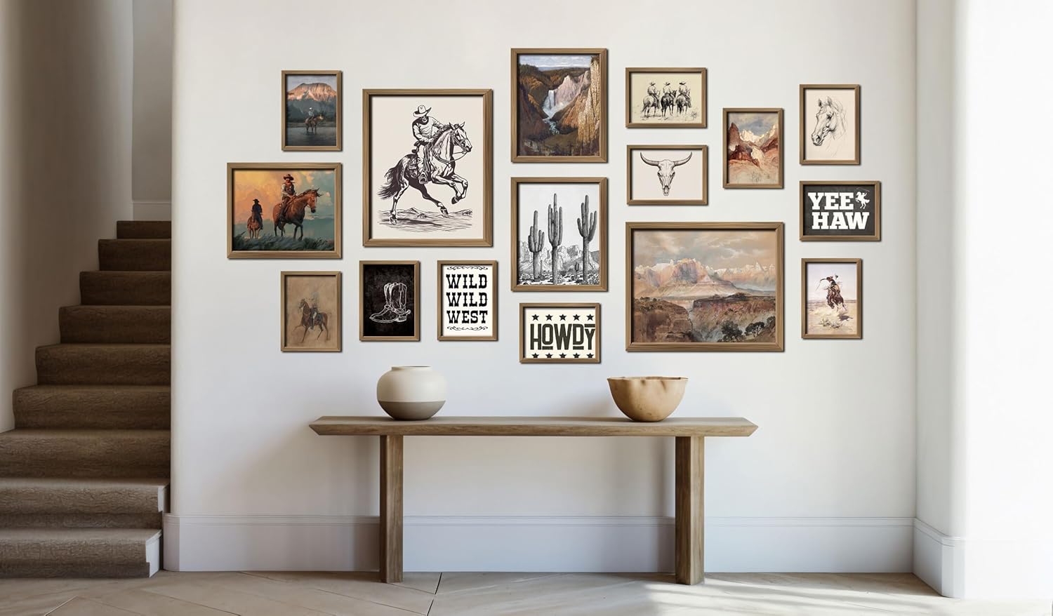 ANERZA 16 PCS Framed Western Wall Art Decor, Southwestern Gallery Wall Frame Set Prints for Bedroom Bathroom, Cowboy Posters for Living Room Aesthetic, Dorm Home Artwork Collage Kit