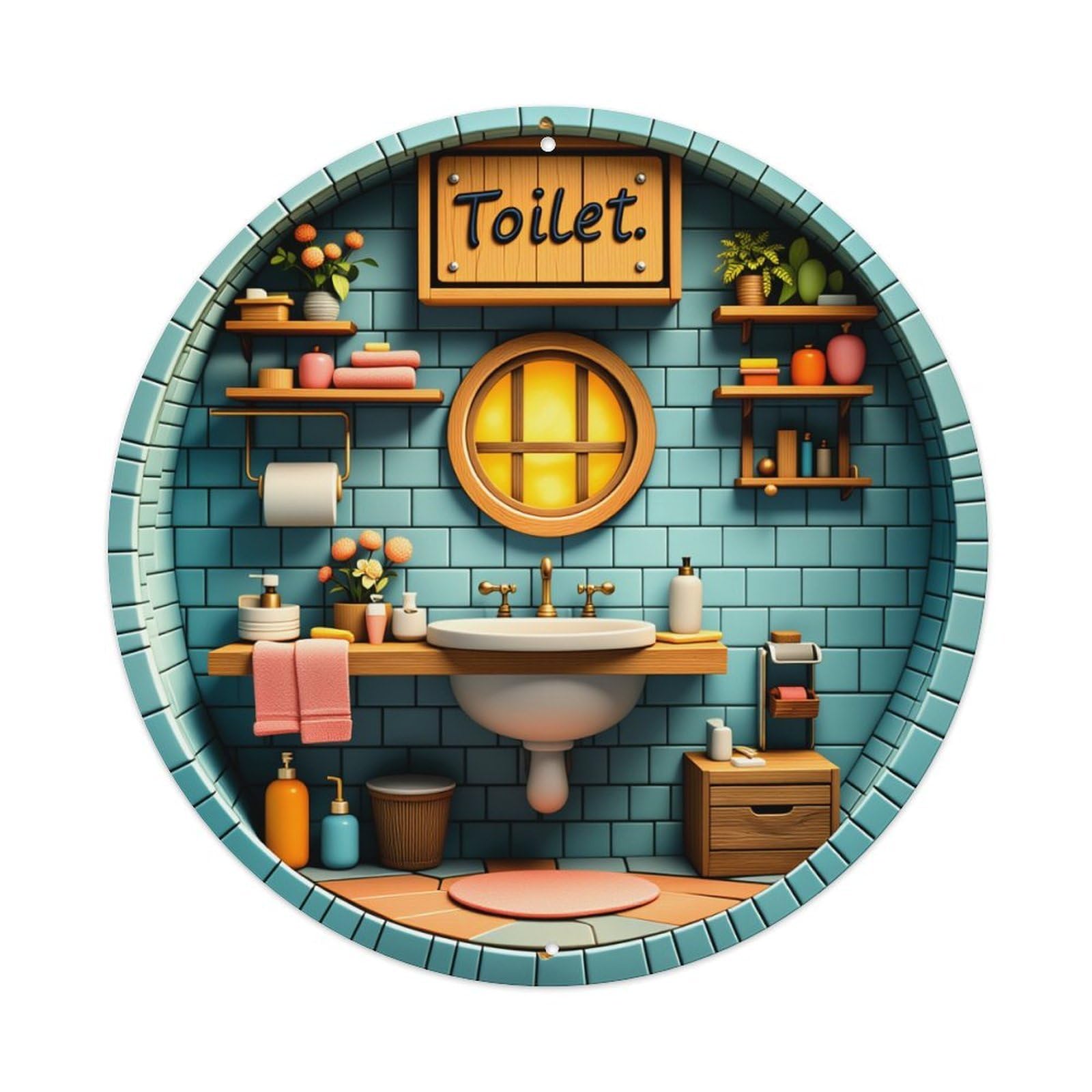 Blue Tile Wall Wooden Sink Round Window Shelves Towels Plants Round Vintage Tin Sign,Retro Wall Art,Metal Poster for Home, Bar, Garage, Cafe, Rustic Indoor & Outdoor Decor, 8x8 Inches