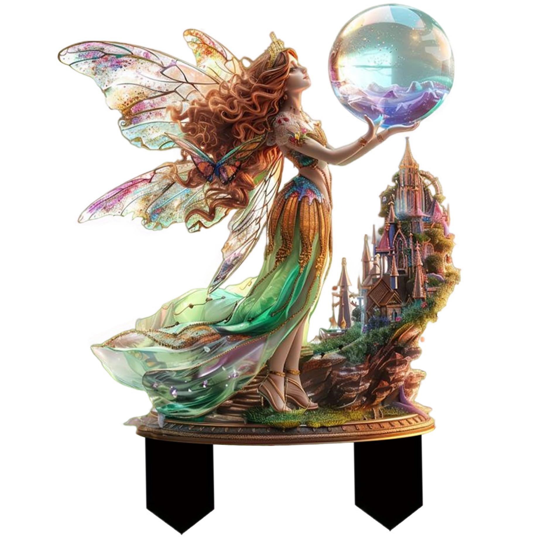 Vervevum Decorative Garden Stakes, 2D Acrylic Angel Decor with Crystal Ball, 8.7x11.8 inch Fairy Garden Decor with Stake for Indoor Flower Pot Bonsai, Angel