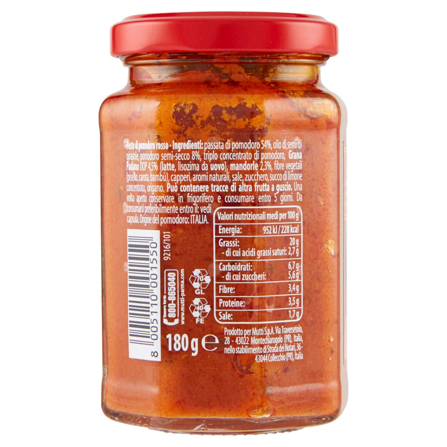 6 x Mutti Pesto Rosso Pomodori Rossi sos pomidorowy, 100% włoskie pomidory, 180 g sosów przyprawianych z migdałami, pomidorami, suszonymi nasionami i granatem Padano