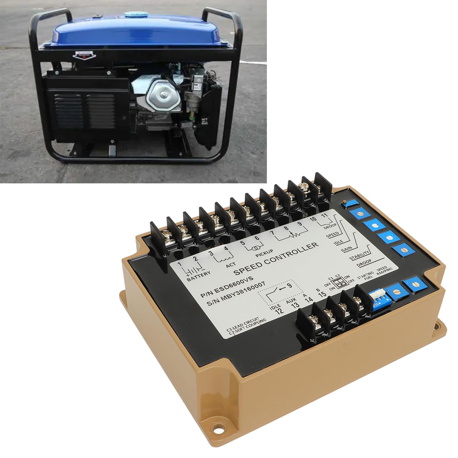 Jeanoko Elektronischer Drehzahlregler, Zuverlässiger Motordrehzahlregler für Generatormotoren mit 12–24 VDC, Ideal für Mehrere Maschineneingänge oder Spezielle Maschinen